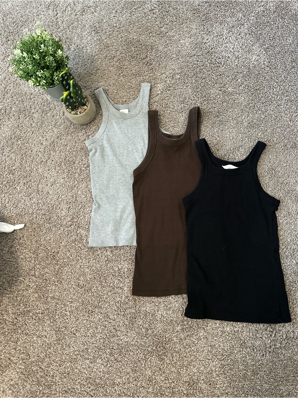 H&M Ribbed Tank Top Trio — Gray, Brown & Black